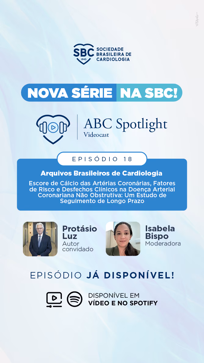 Banner da Sociedade Brasileira de Cardiologia anunciando a nova série ABC Spotlight, episódio 2 sobre cardiomiopatia hipertrófica avaliada por ecocardiografia no estudo ELSA-Brasil, com Murilo Foppa e Jorge Torreão, disponível em vídeo e Spotify.