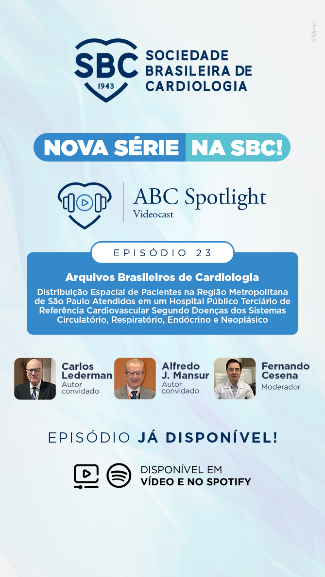 Banner da Sociedade Brasileira de Cardiologia anunciando a nova série ABC Spotlight, episódio 2 sobre cardiomiopatia hipertrófica avaliada por ecocardiografia no estudo ELSA-Brasil, com Murilo Foppa e Jorge Torreão, disponível em vídeo e Spotify.