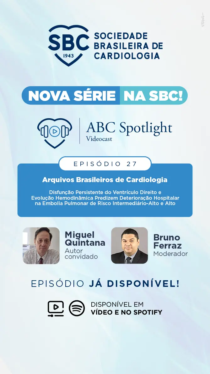Banner da Sociedade Brasileira de Cardiologia anunciando a nova série ABC Spotlight, episódio 2 sobre cardiomiopatia hipertrófica avaliada por ecocardiografia no estudo ELSA-Brasil, com Murilo Foppa e Jorge Torreão, disponível em vídeo e Spotify.