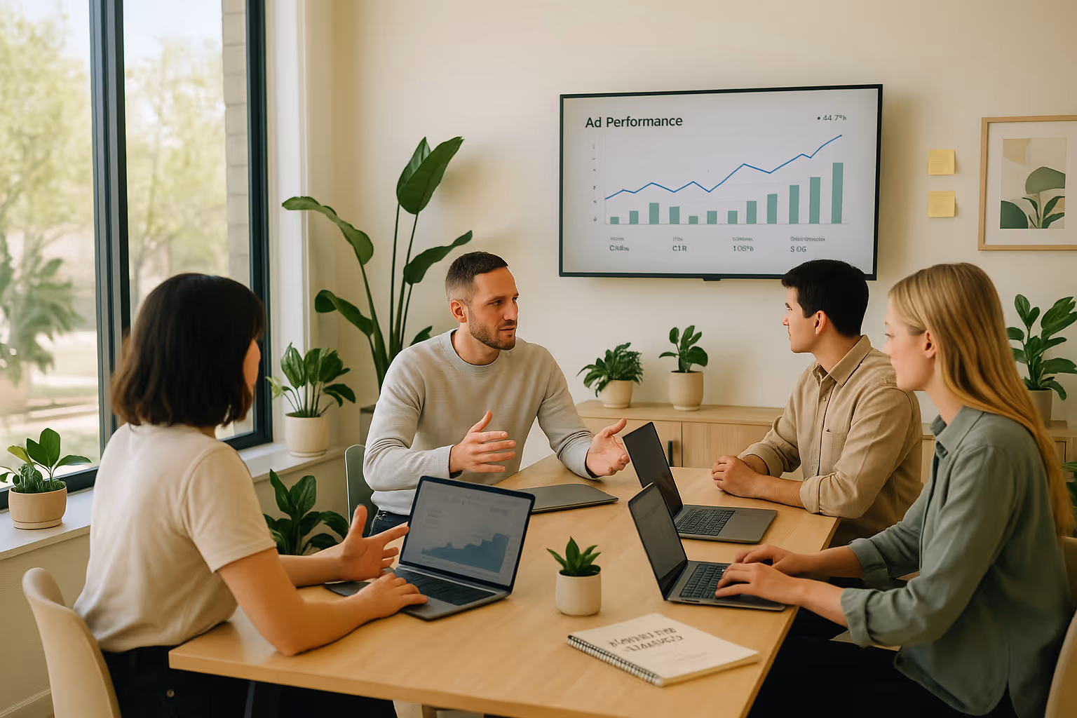 A team meeting in a modern office discussing Facebook Ads performance, with a presenter showing an analytics chart on a screen.