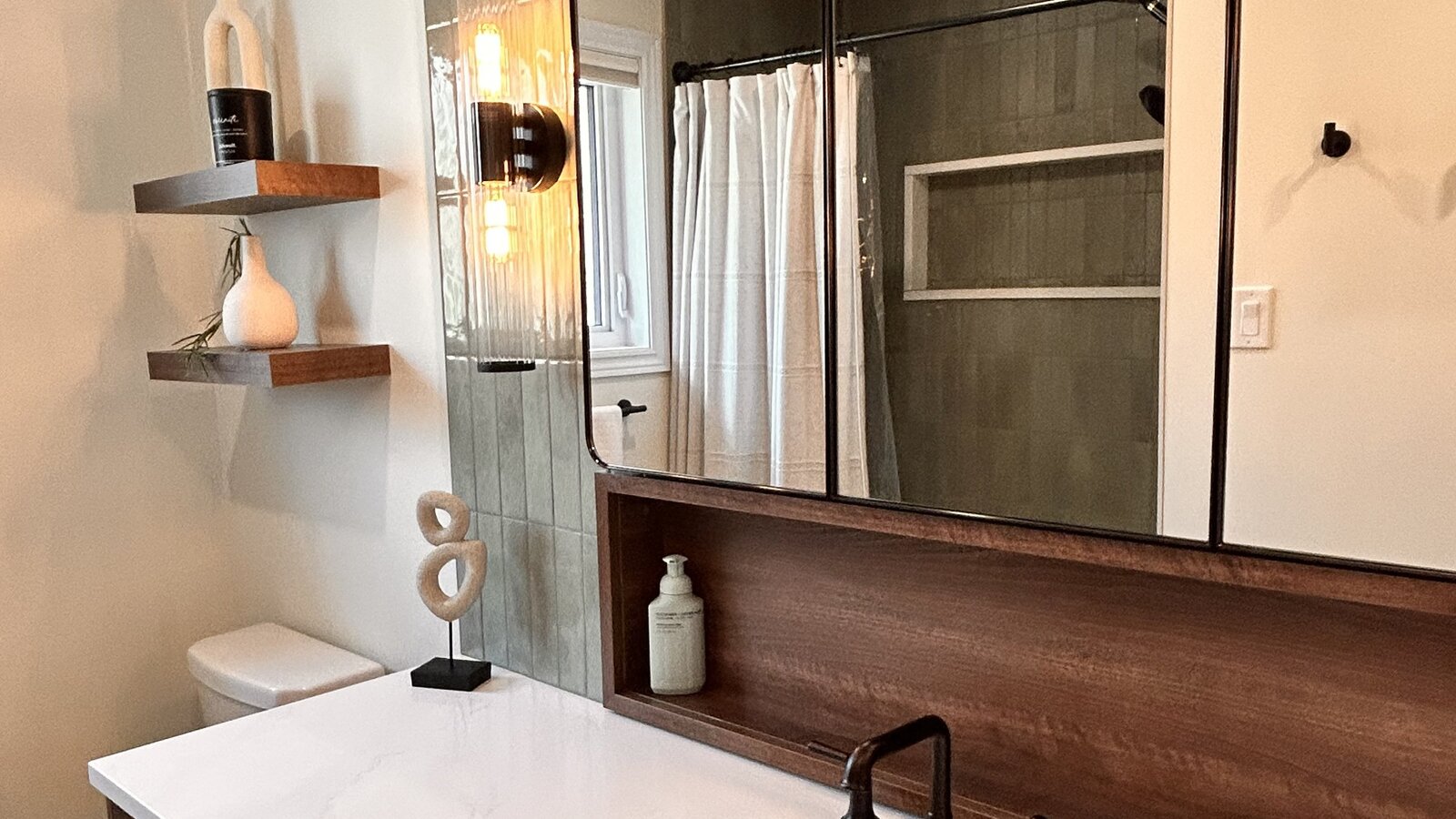 Neer Supply and Design bathroom vanity renovation with custom tile and lighting
