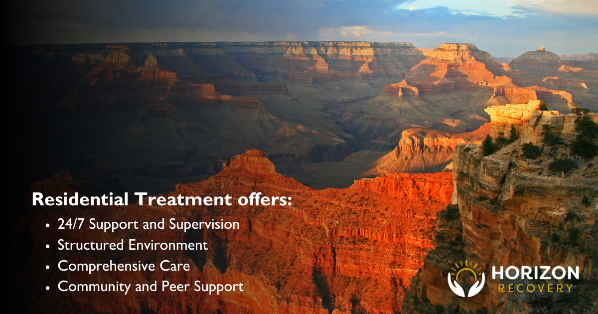 Picture of Arizona canyons with text highlighting Horizon’s residential treatment offers