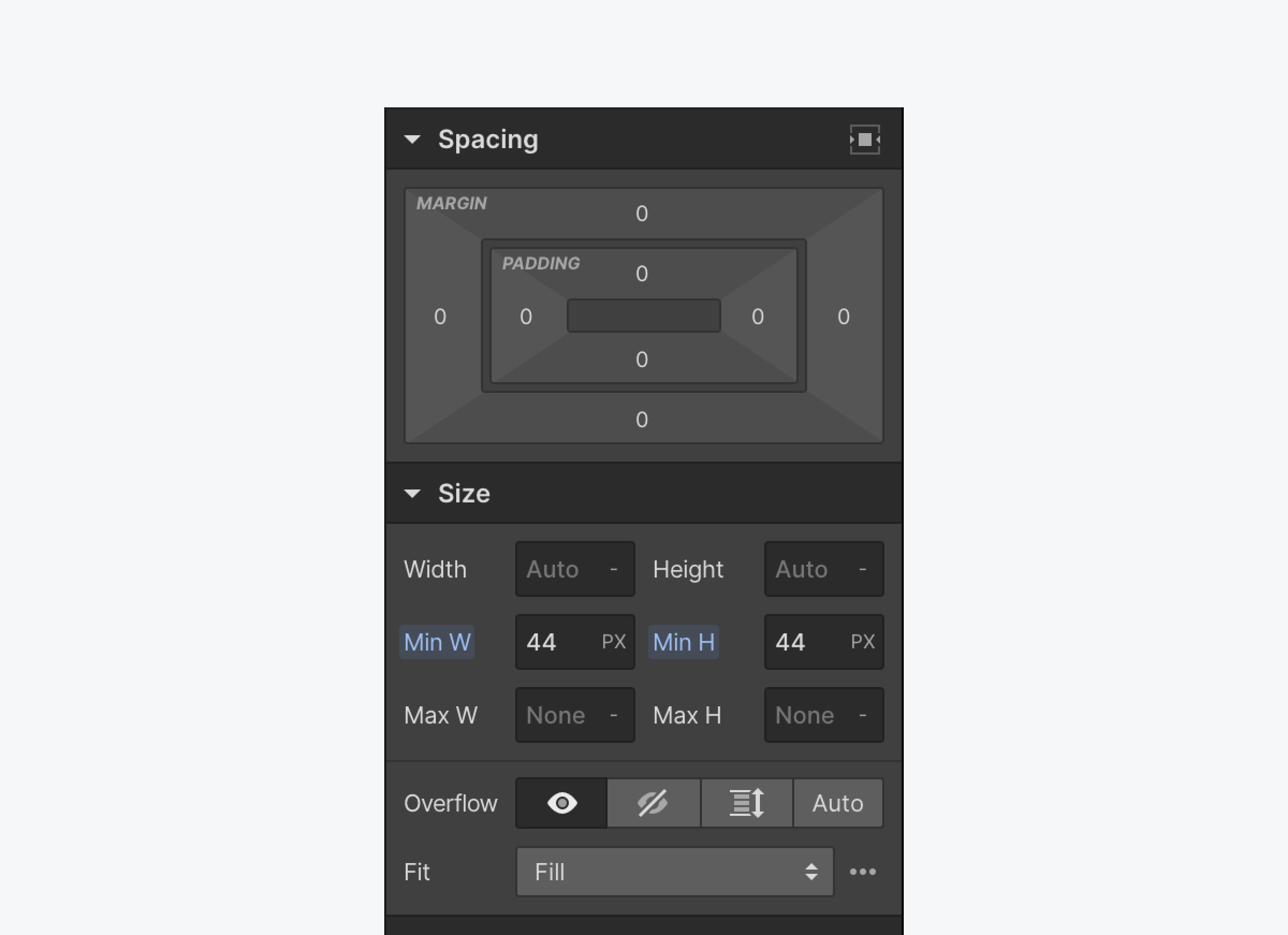 In the Size section of the Style panel, you can set various size properties including width, height, min width, and min height.