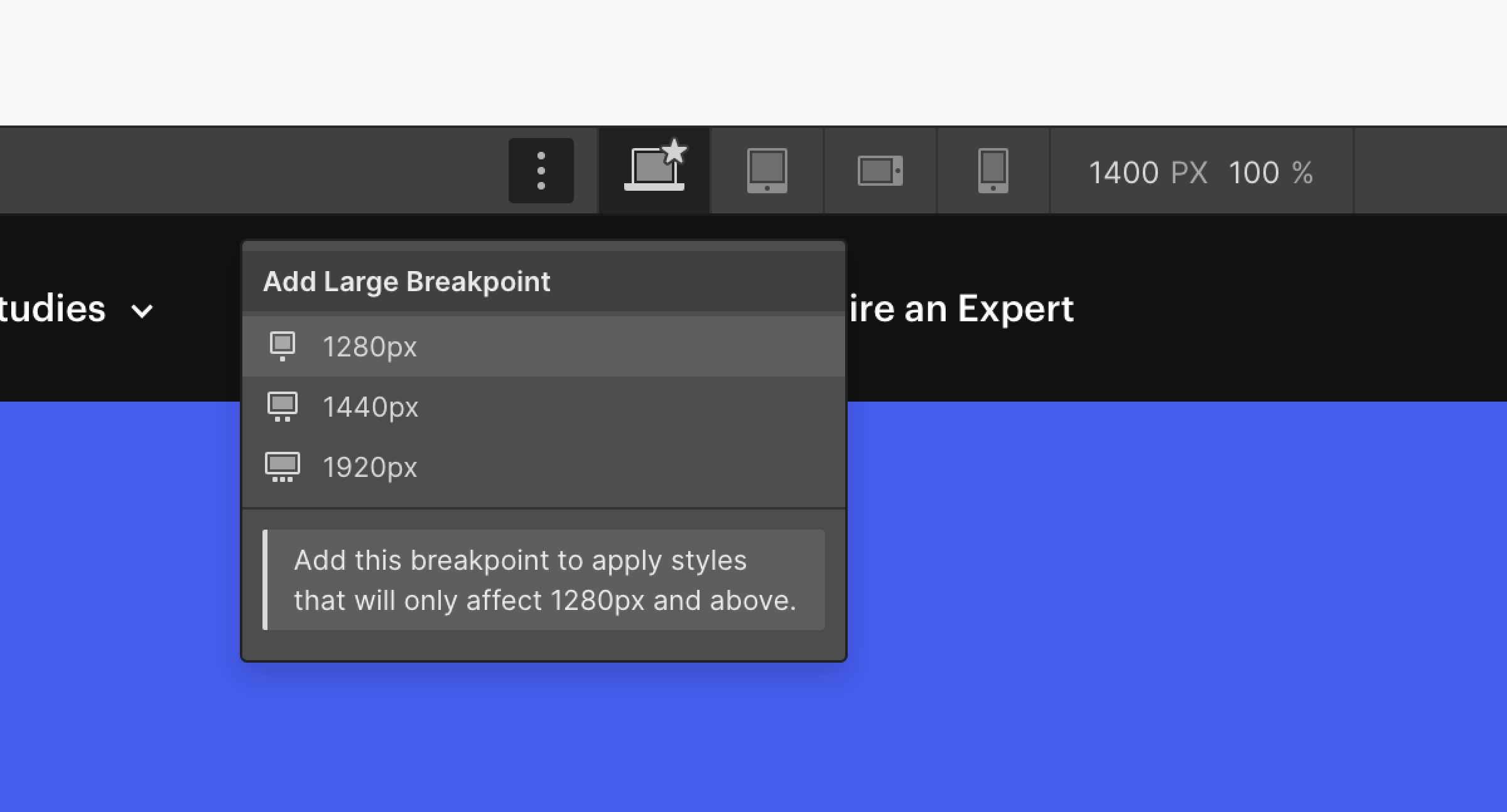 The Webflow Designer shows 4 breakpoints, and the large breakpoint can be customized with different desktop widths.