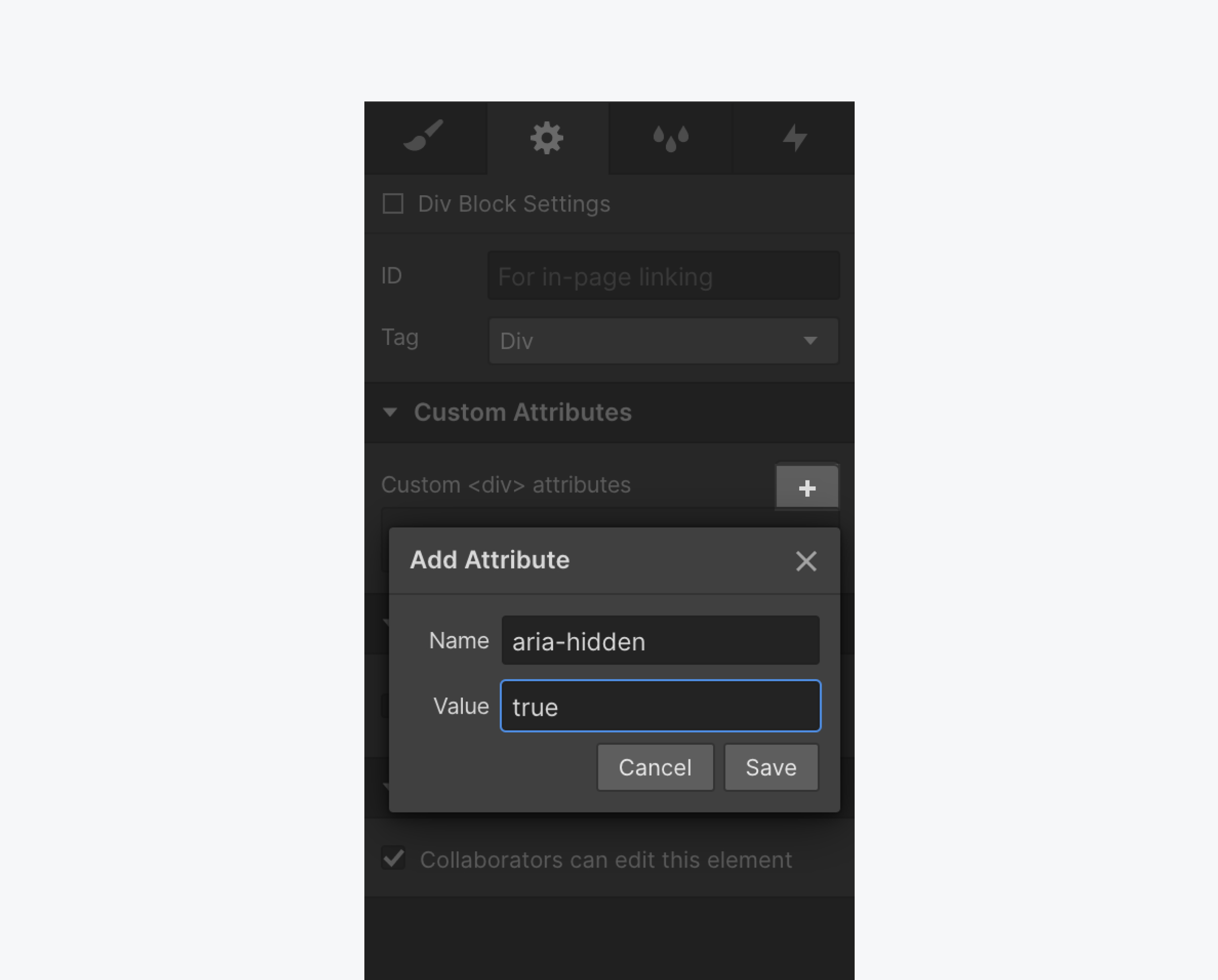 Add an attribute by clicking the plus icon in the Custom Attributes section of the Element Settings panel.