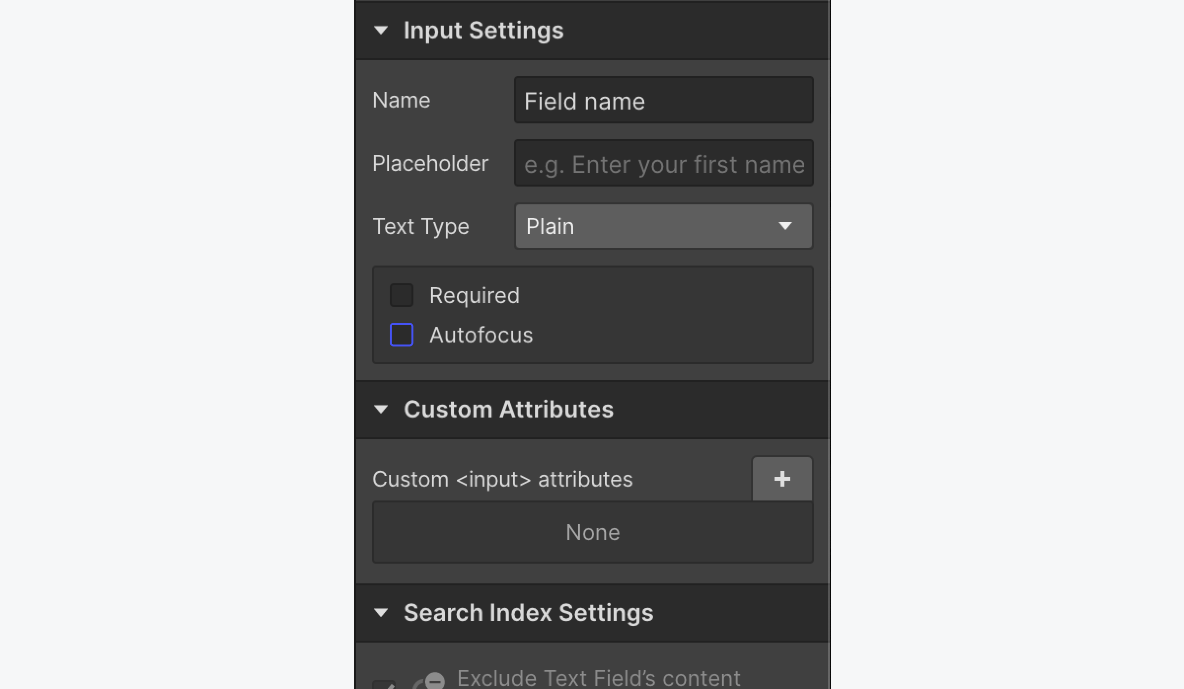 The checkbox to control Autofocus on form inputs can be found in the Input Settings section of the Element Settings panel.