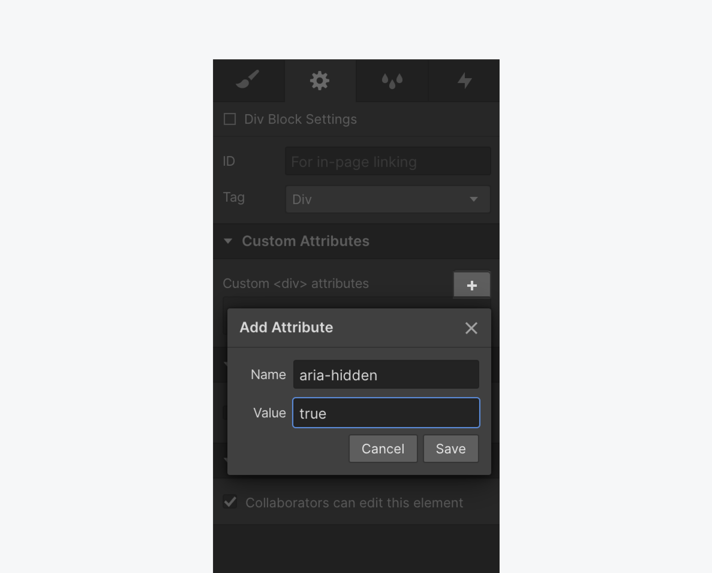 Add ARIA attributes in the Custom Attributes section of the Element Settings panel.