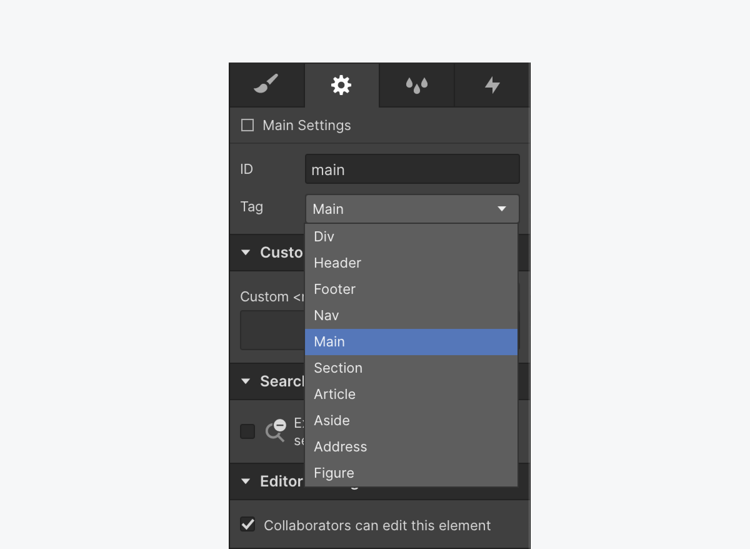 Landmark tags can be set in the Tag dropdown in the Element Settings panel.