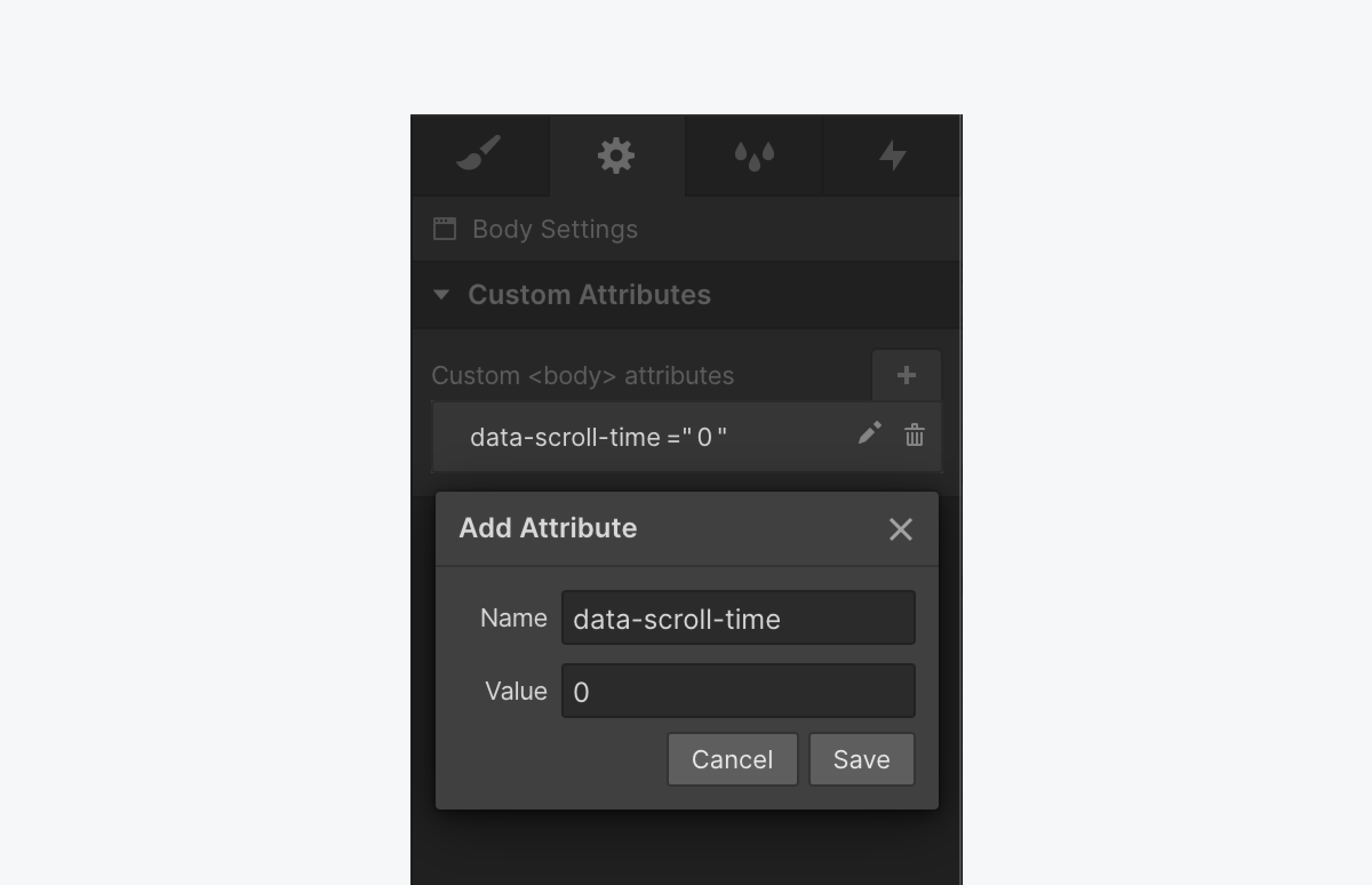 Add a new attribute by clicking the plus icon in the Custom Attributes section of the Element Settings panel. 