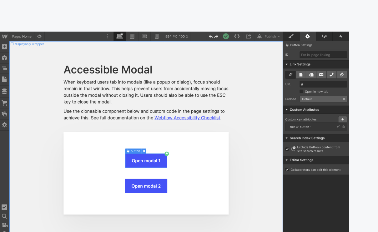 Webflow Designer with modal button selected and element settings panel open