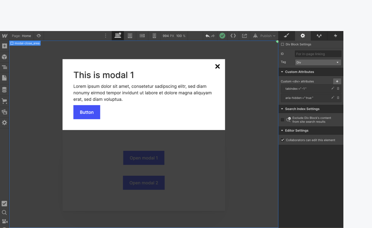 Webflow Designer with modal close area selected and element settings panel open