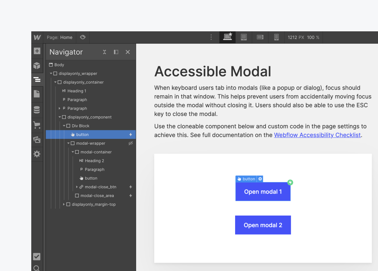 Webflow Designer canvas with modal button selected and navigator open showing the structure of elements