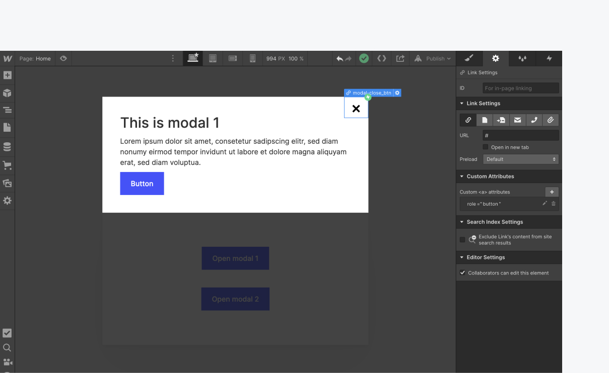 Webflow Designer with modal close button selected and element settings panel open