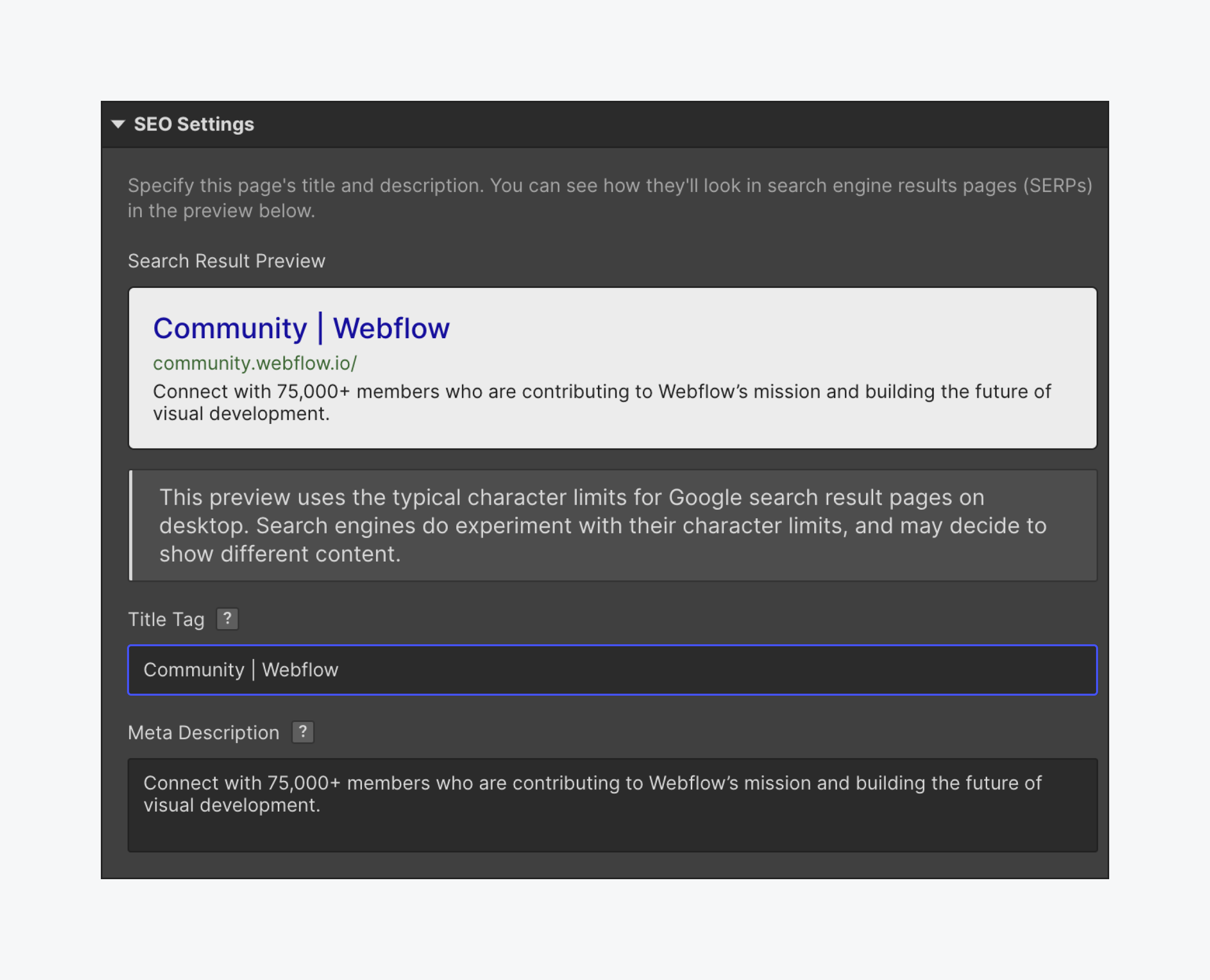 The SEO Settings panel lets you add in a custom title tag and meta description and generates a search result preview based on your inputs.