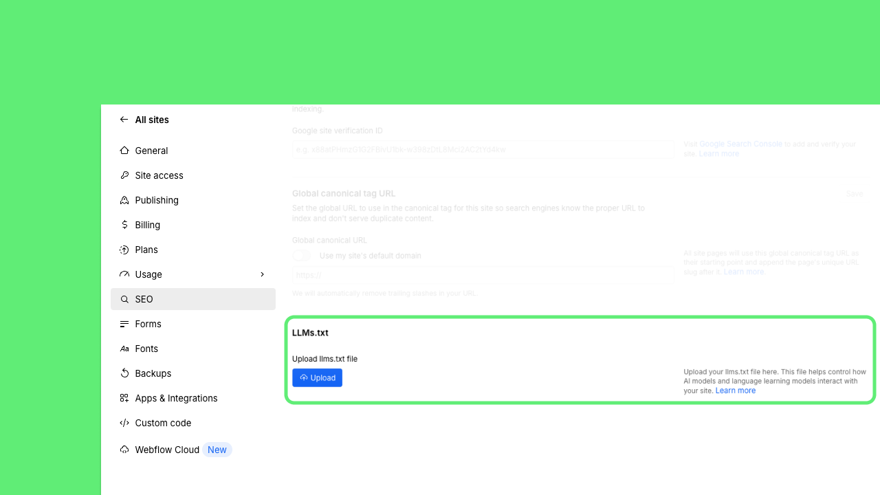 Upload an llms.txt file for your site