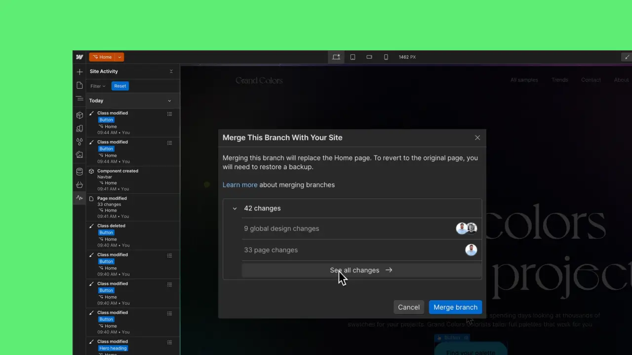 Review the Merge summary to safely merge page branches
