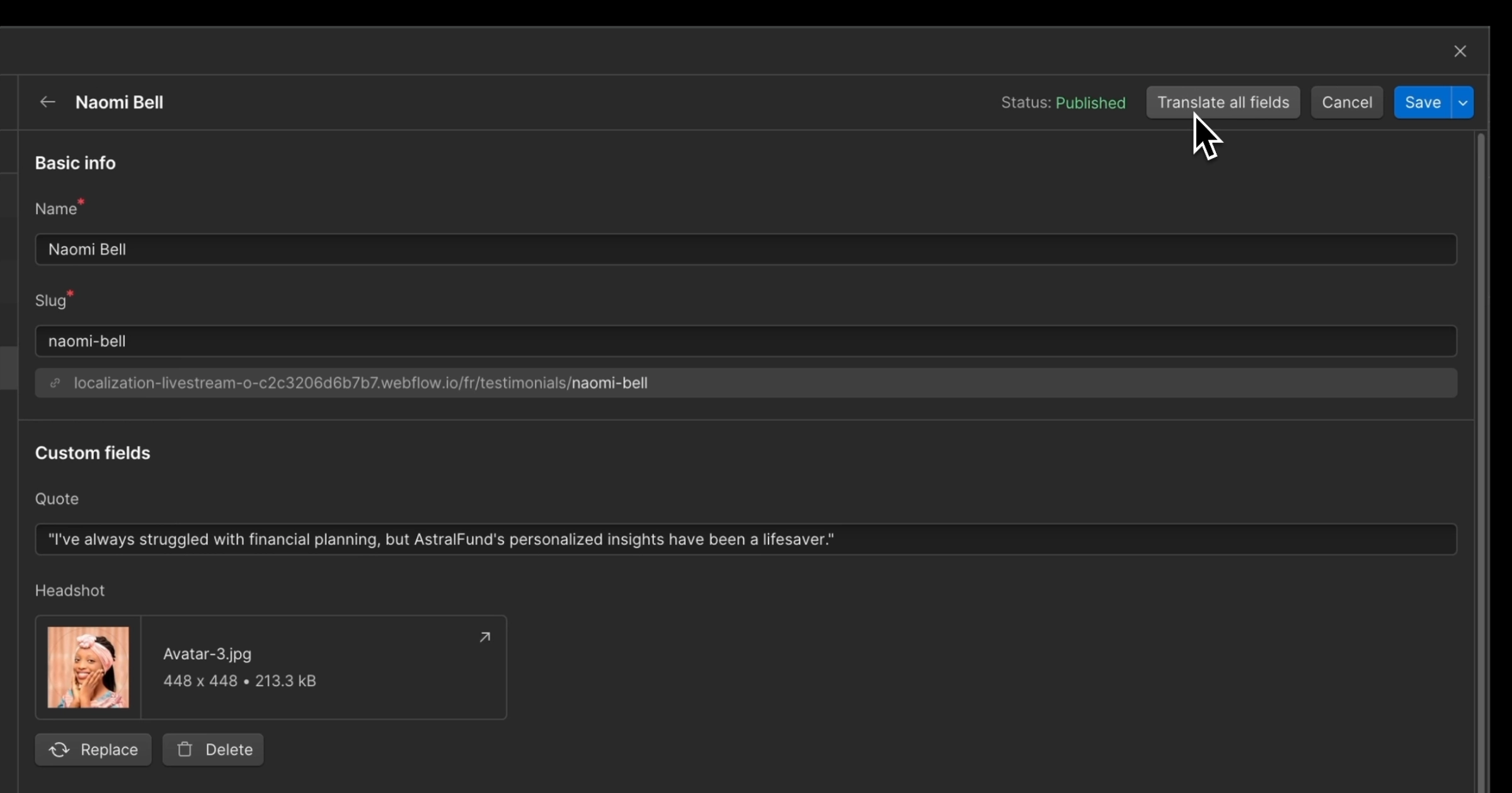 Bulk field translation for single CMS items