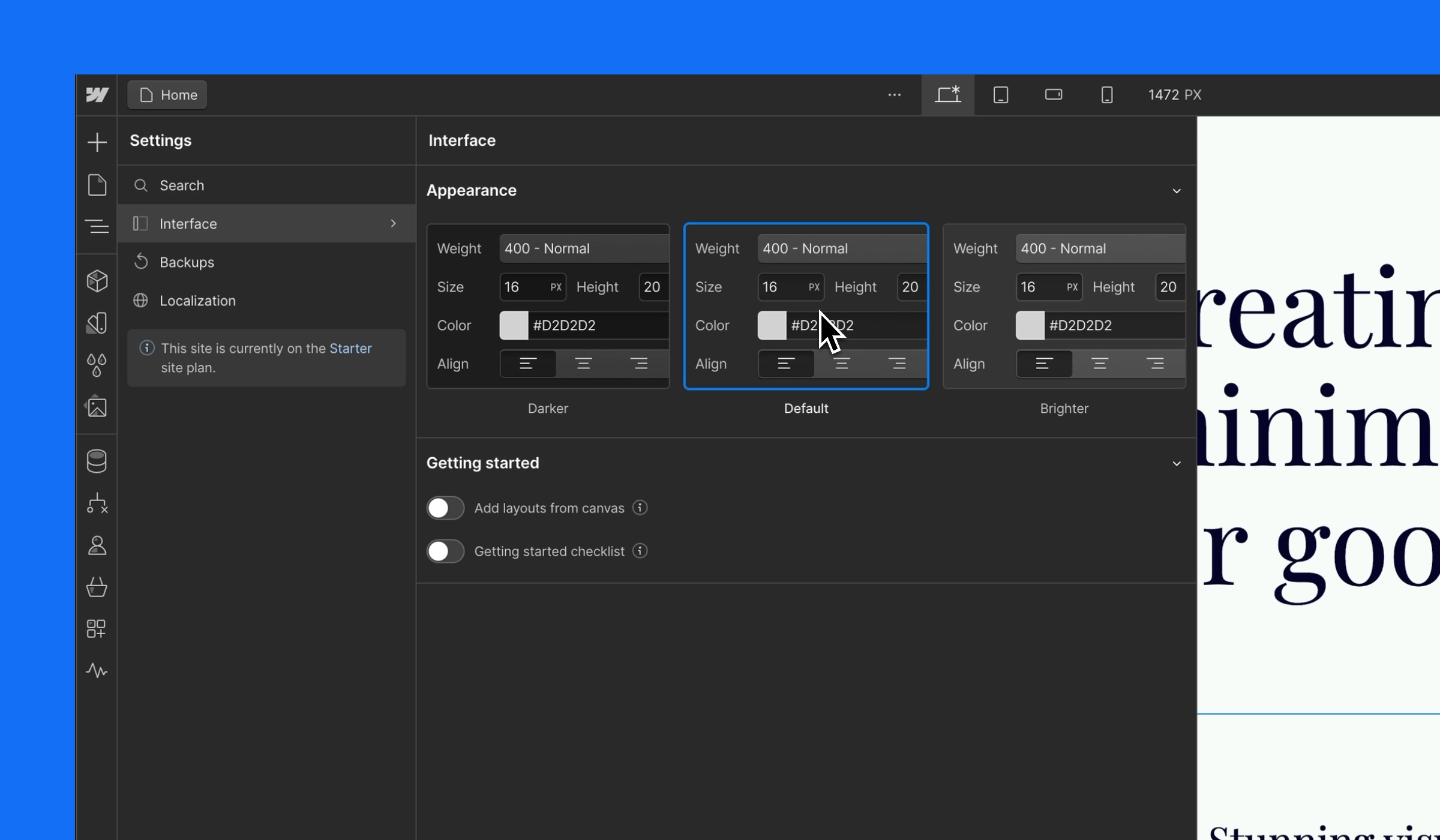 Adjust appearance settings