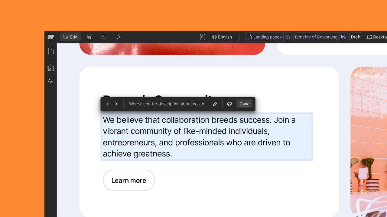 Webflow AI Assistant - copy generation on canvas