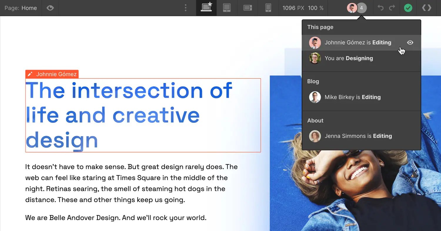 See exactly which pages your teammates are working on in the Designer