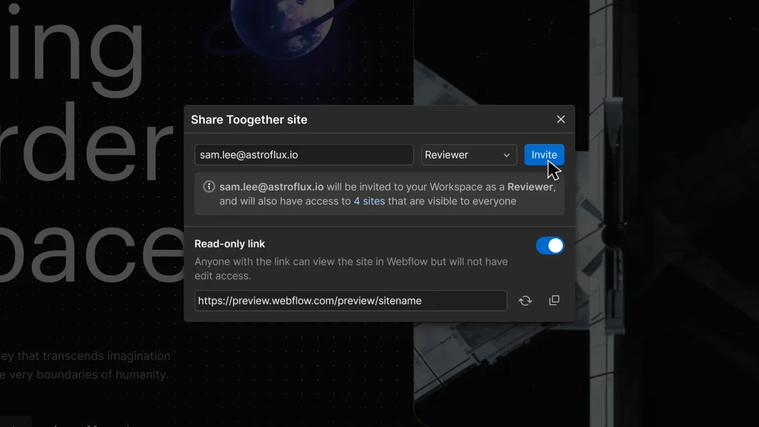 Invite teammates into Webflow right from the canvas