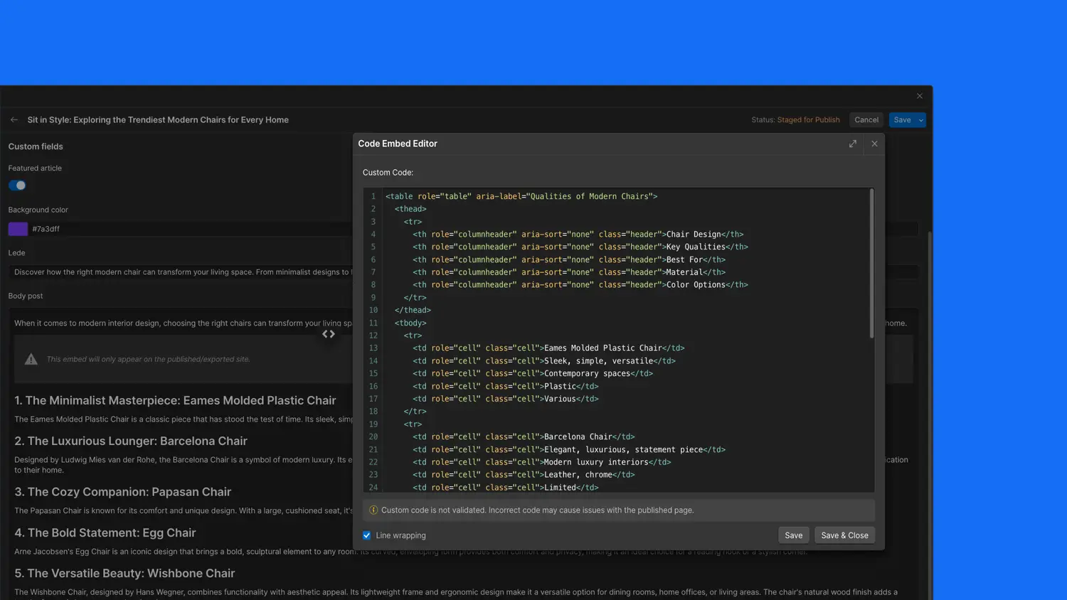 HTML code embeds now supported in CMS CSV import / export