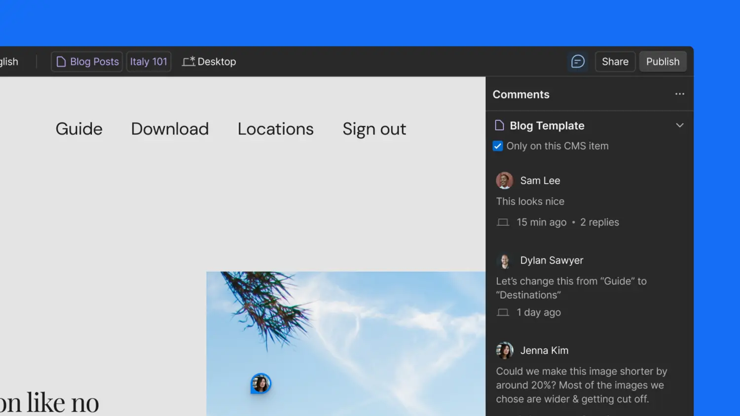 Comment directly on dynamic CMS content in Webflow