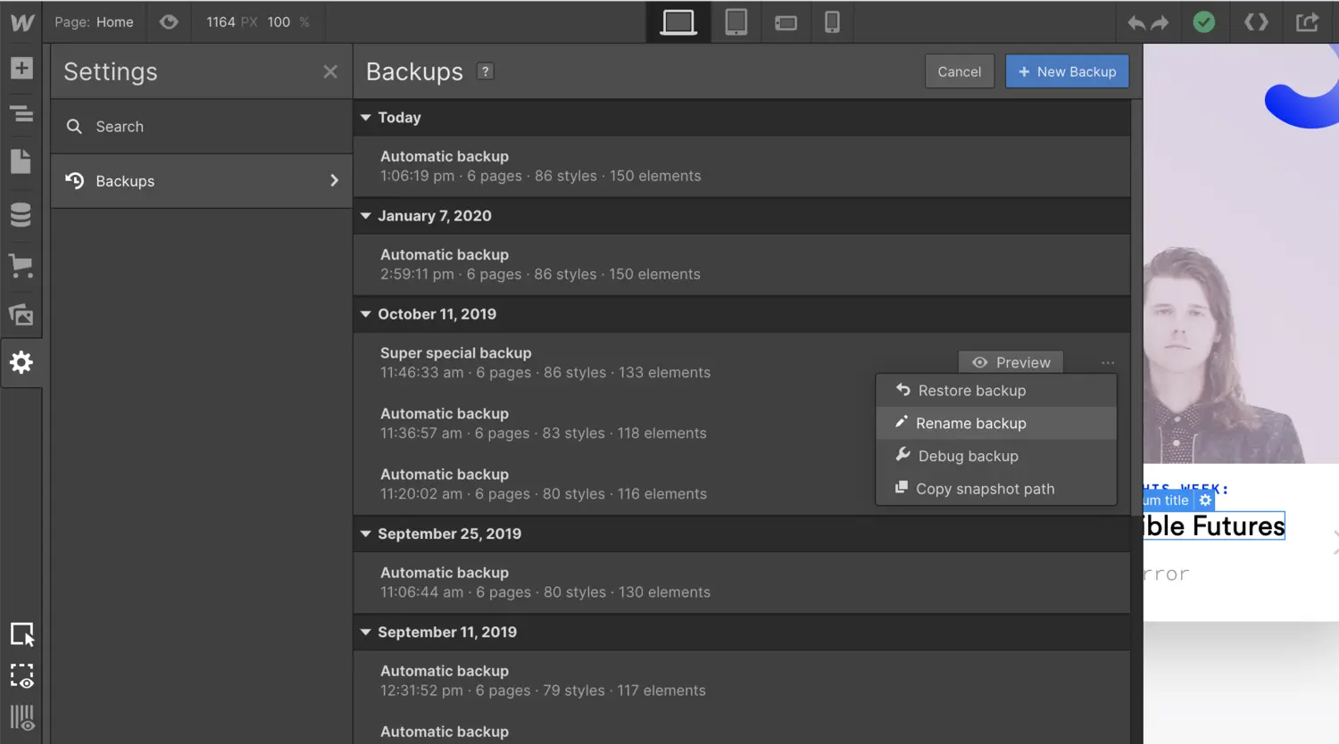 Preview, restore, and rename backups from the Designer
