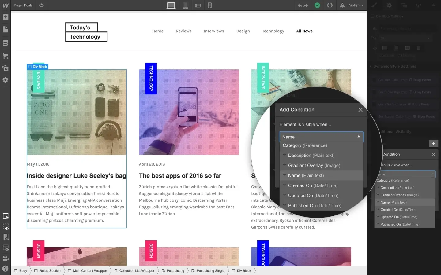 Control visibility of CMS items based on referenced items