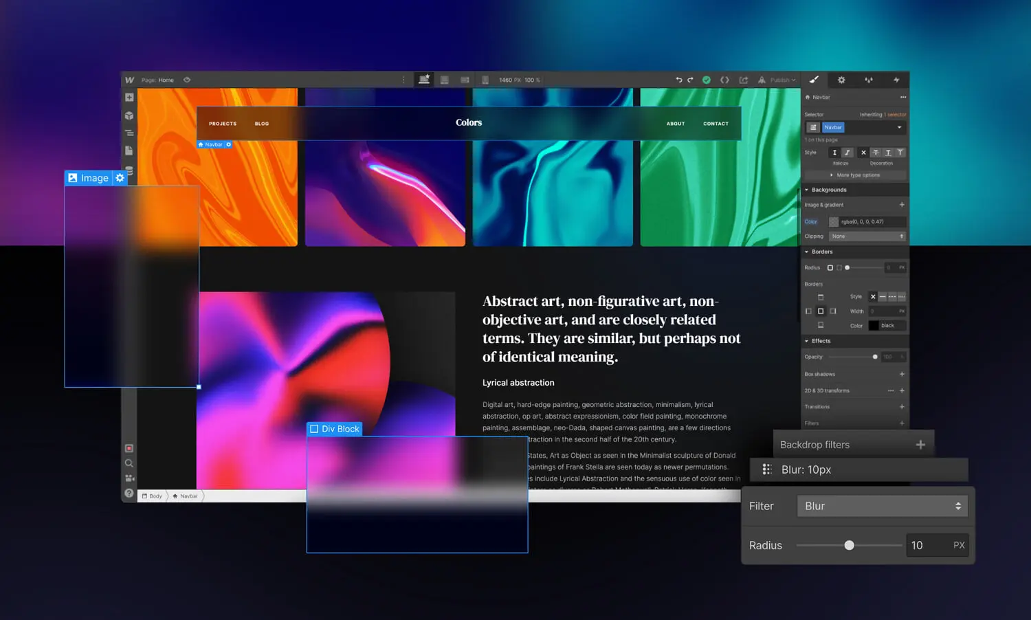 Create blurring and color effects with backdrop filters