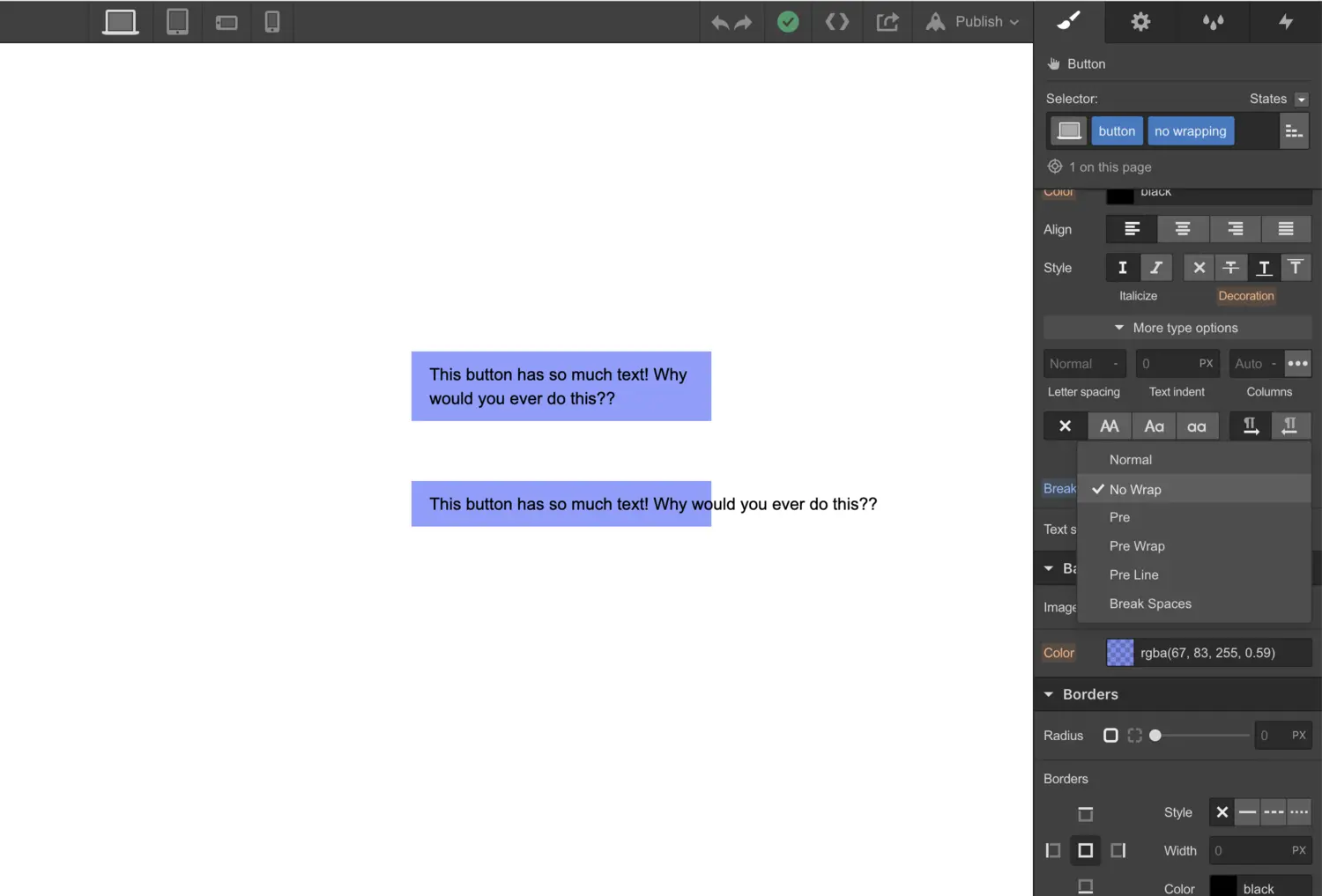 White space property added to control text wrapping