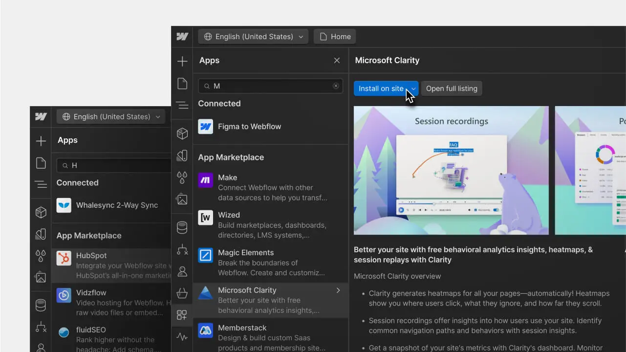Find and install Webflow Apps from the Apps panel