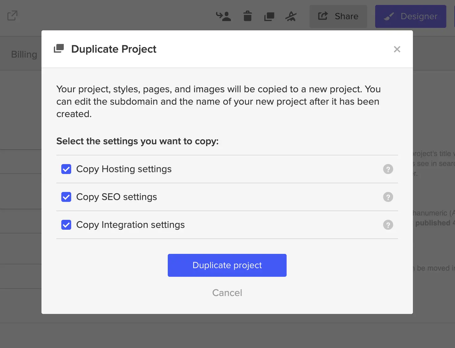 Include project settings when duplicating sites
