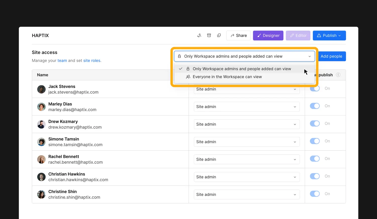 Control which sites your teammates, guests, and clients can access