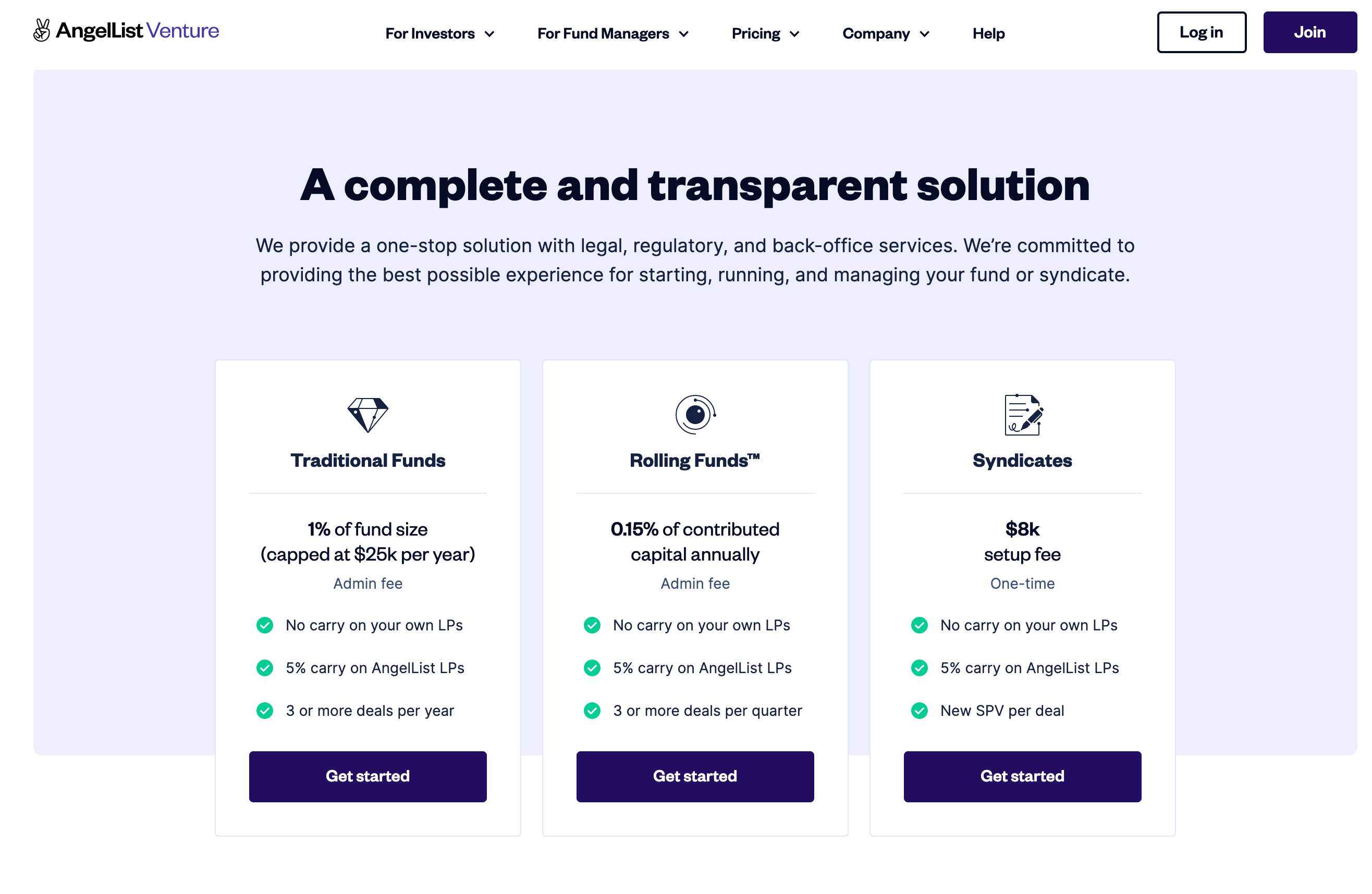 AngelList Venture website screenshot of the pricing page and headline of "A complete and transparent solution"