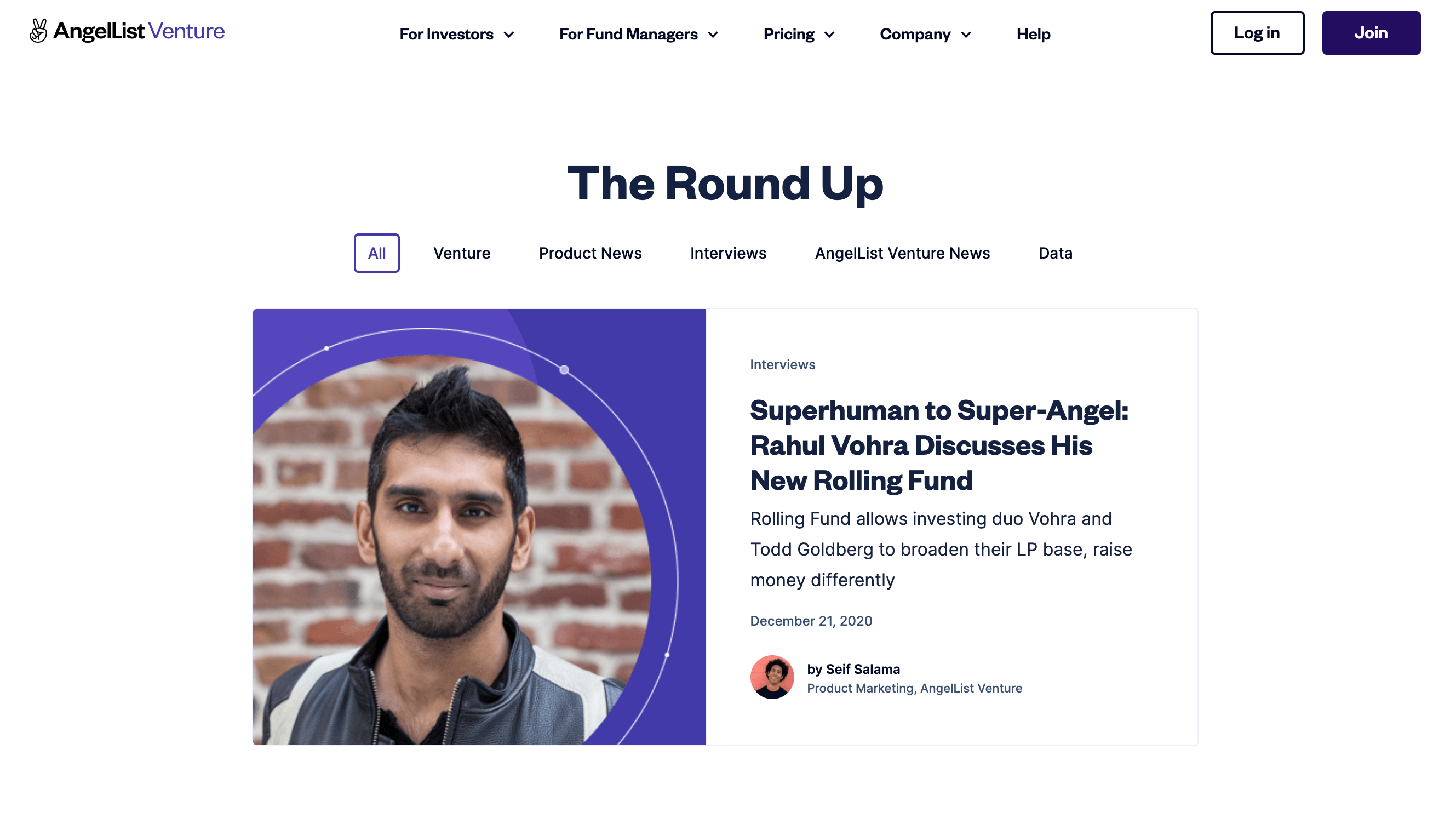 AngelList Venture website screenshot of the blog section with title of "The Round Up"