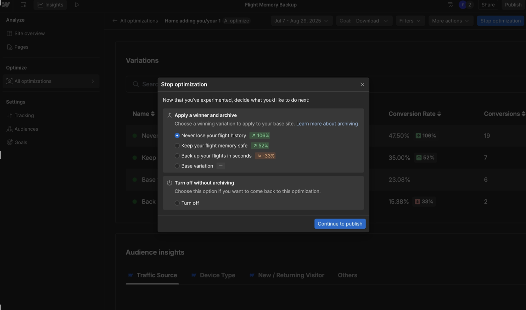 Easily apply winning variations in Optimize