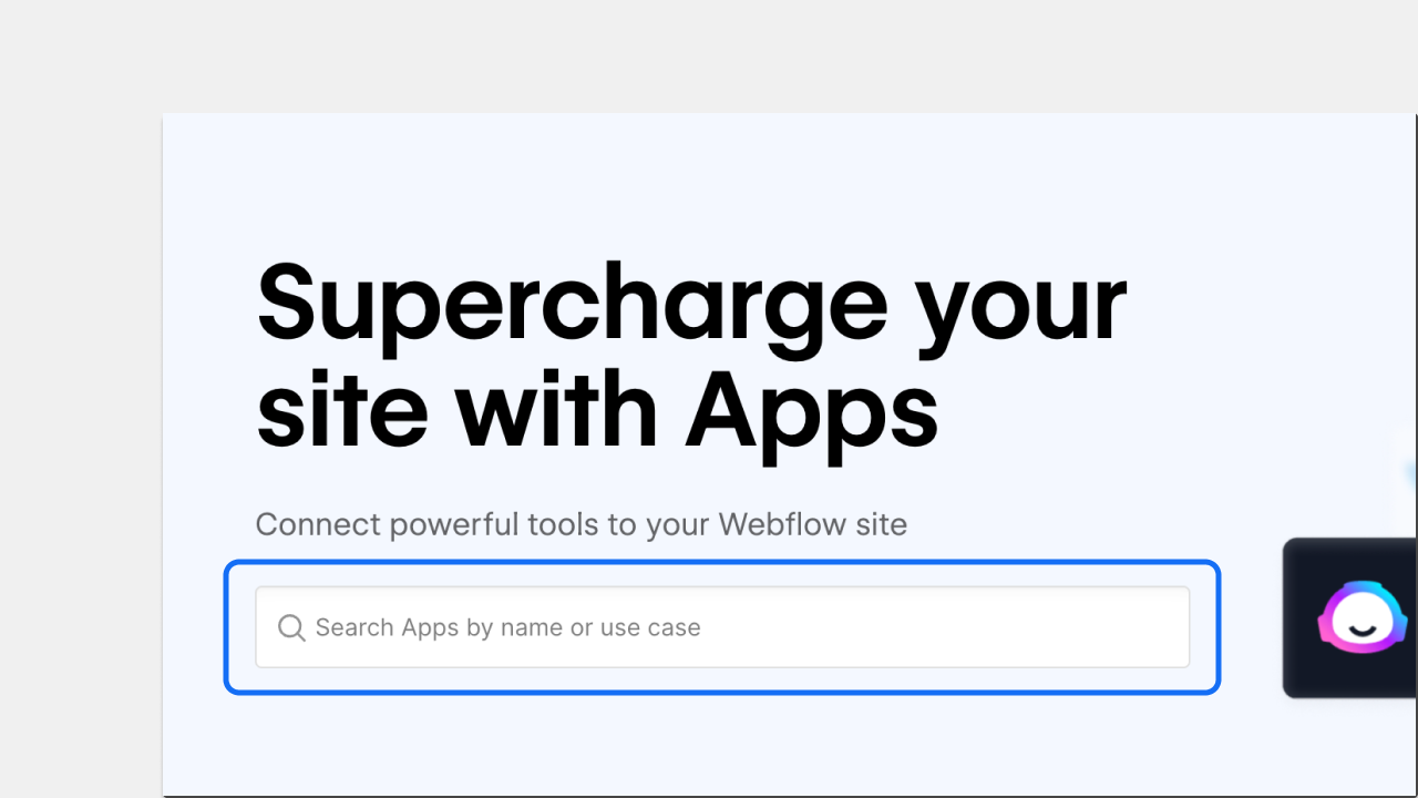 An image showing webflow.com/apps and highlighting the addition of a search bar to that page.