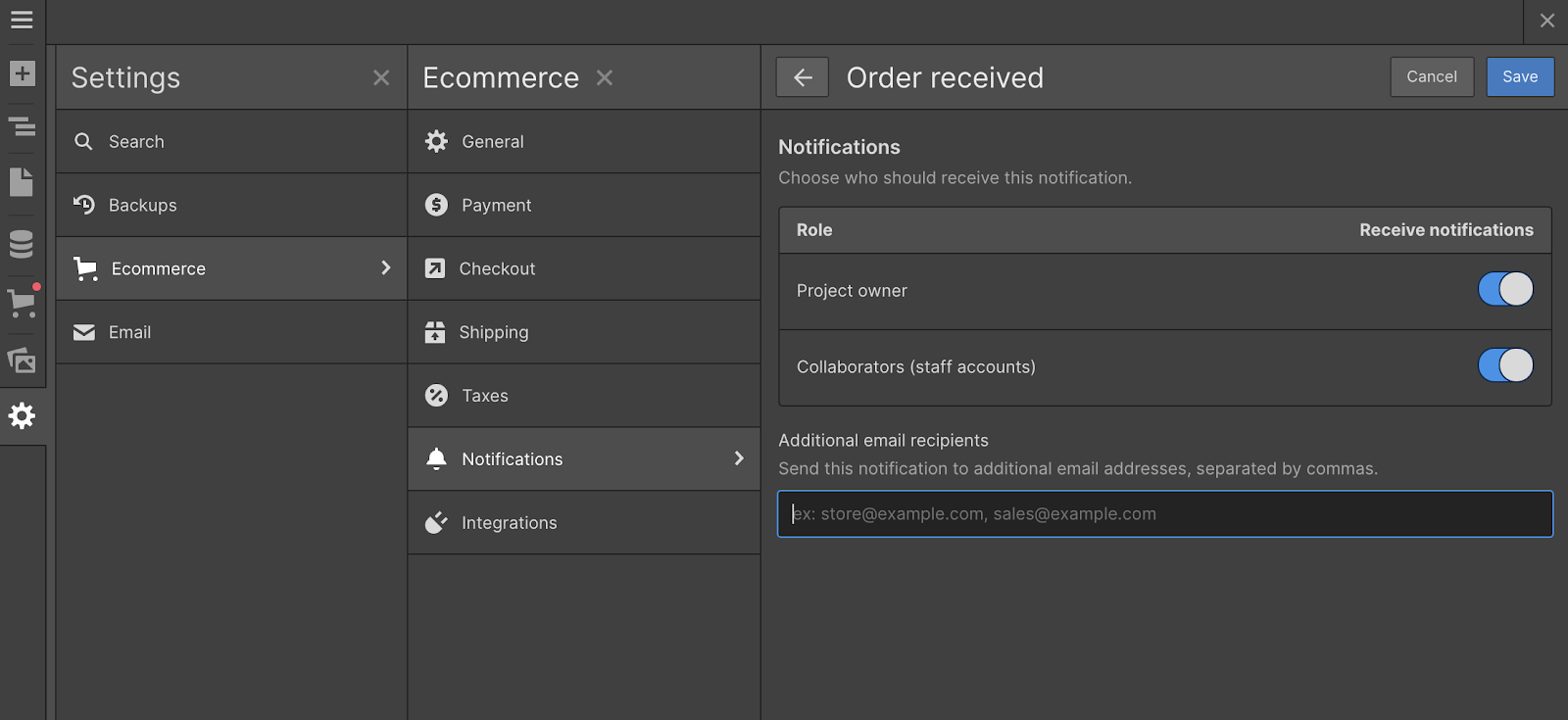 A screenshot of the Webflow Designer showing the order received page, and how to enter additional email receipients.