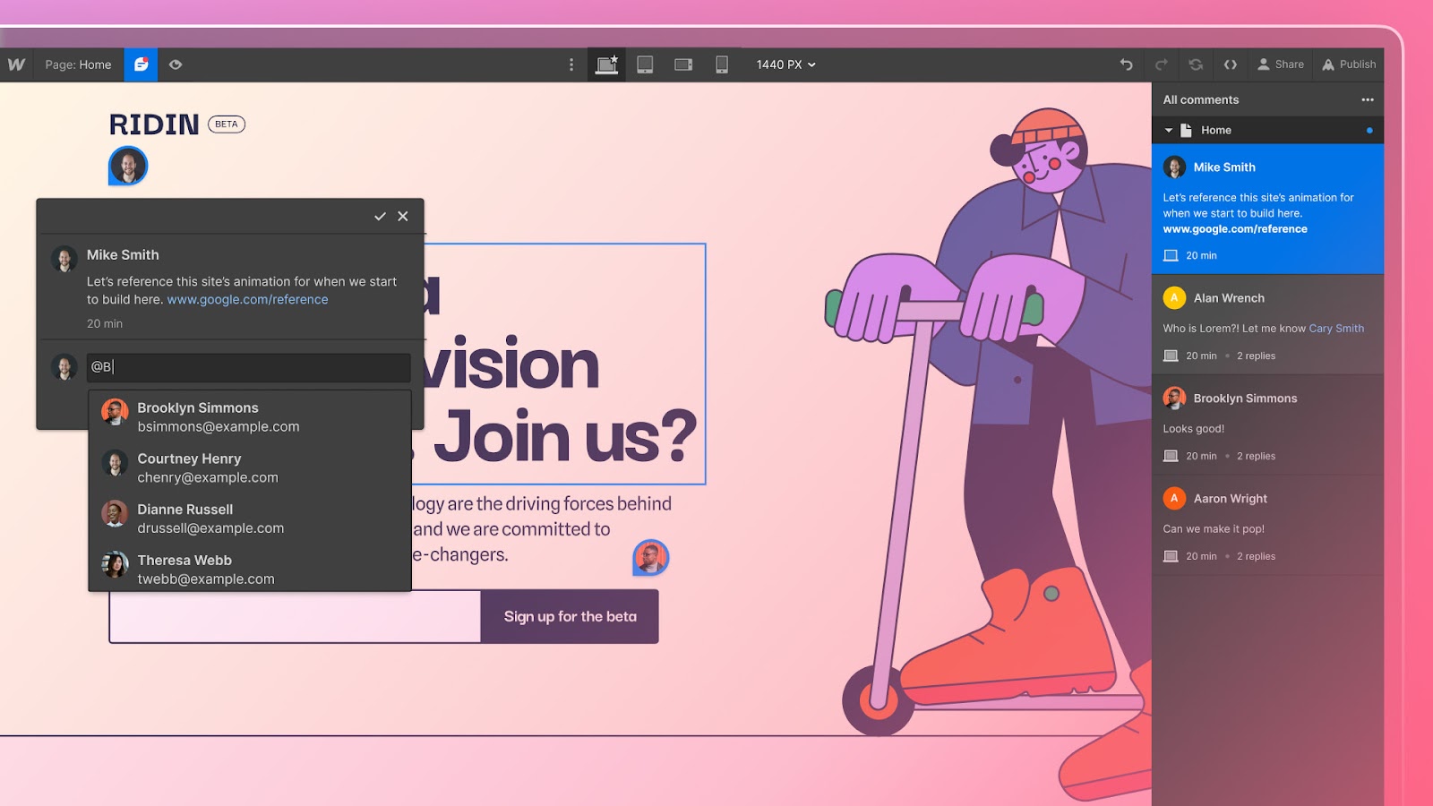 Click on a comment in the comments panel to navigate directly to where the feedback was left.