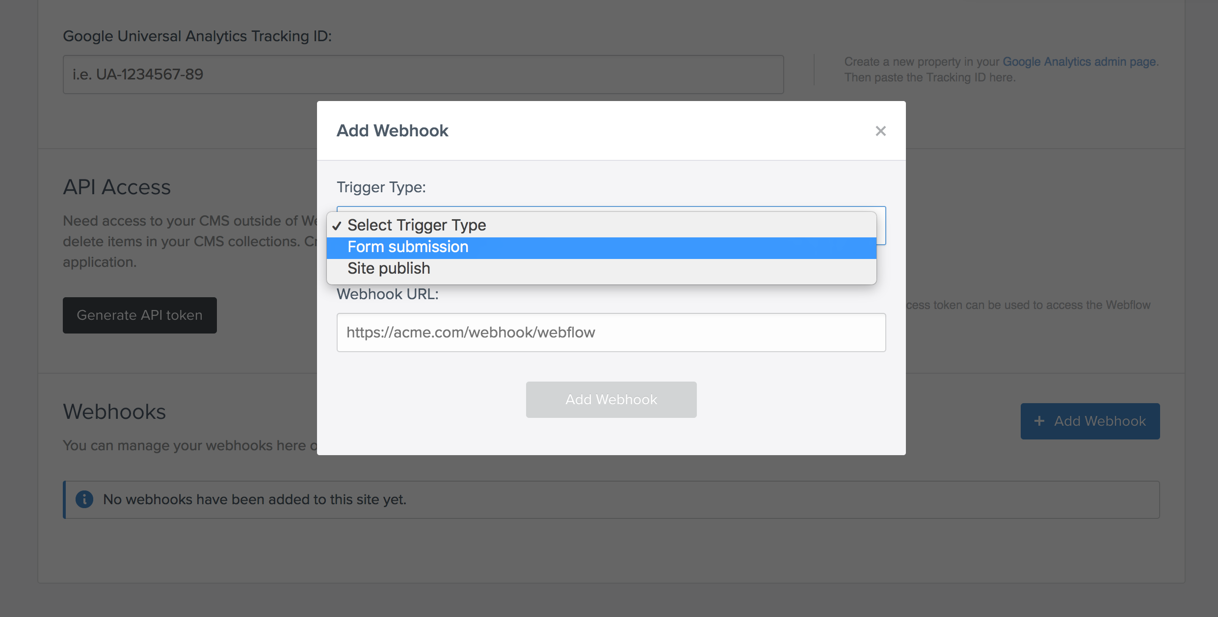 Create webhooks based on form submissions or site publications.