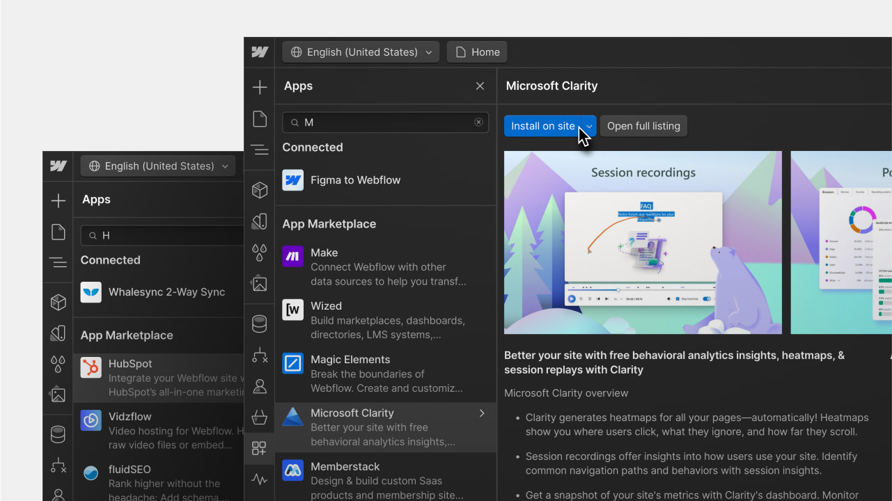 Find and install Webflow Apps from the Apps panel