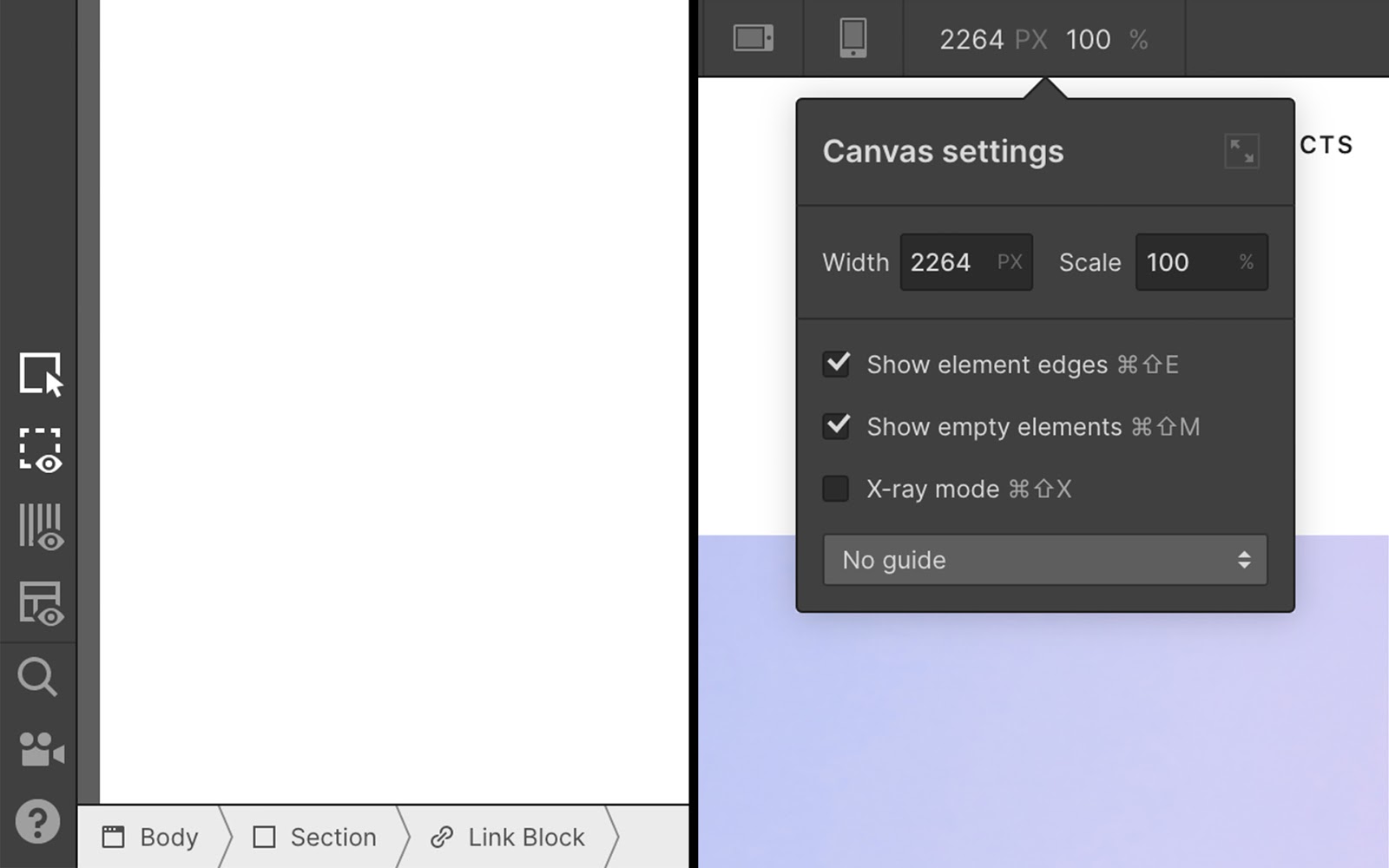 Canvas setting controls: before and after.