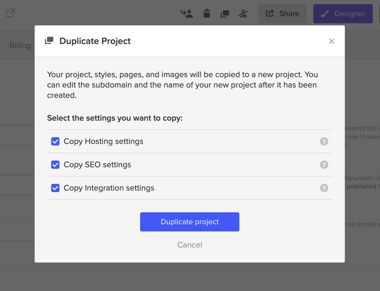Include project settings when duplicating sites