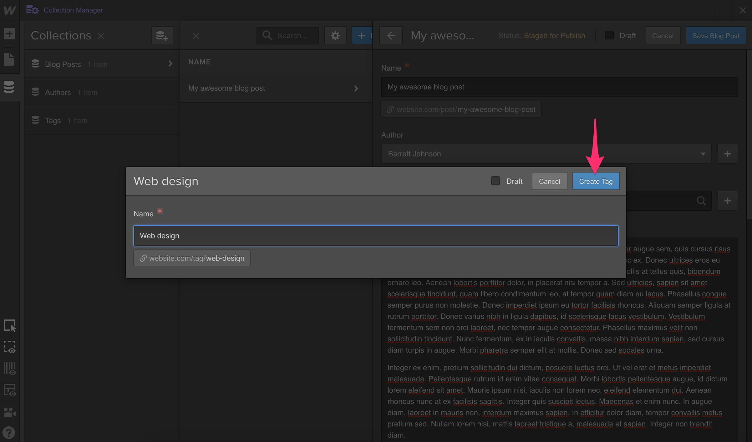 Create new items in their own pop up modal.