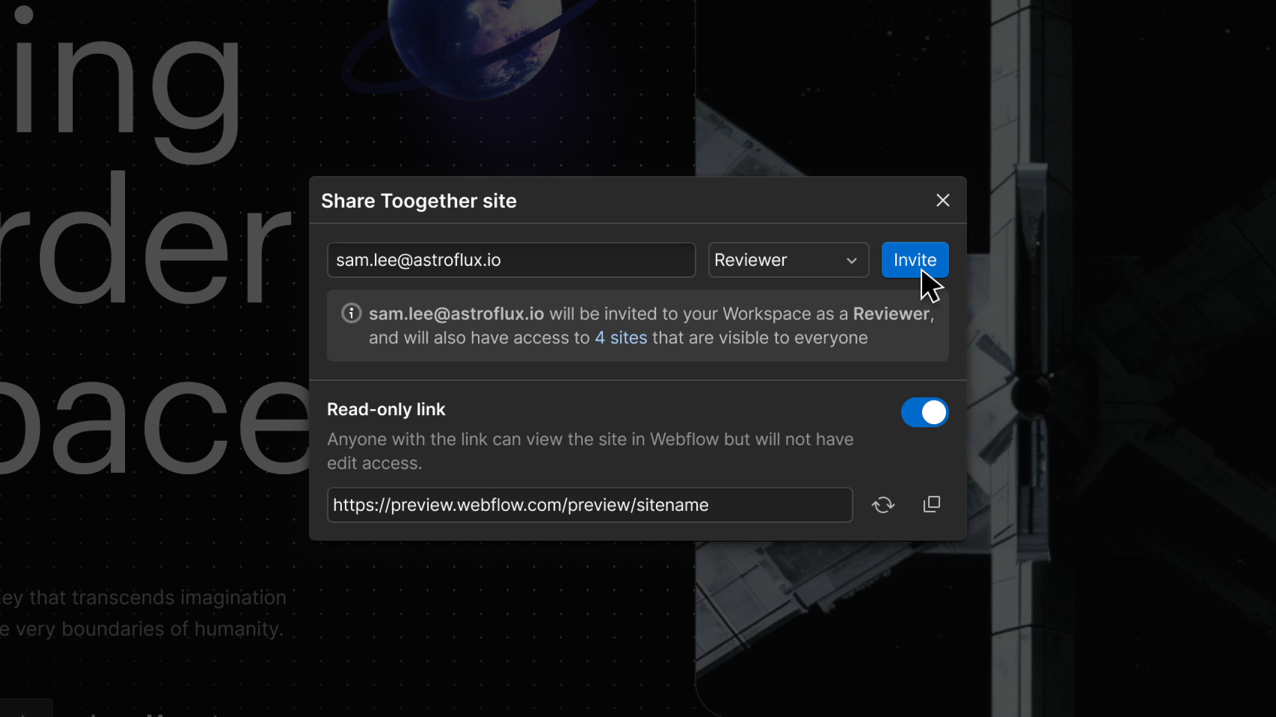 Invite teammates into Webflow right from the canvas