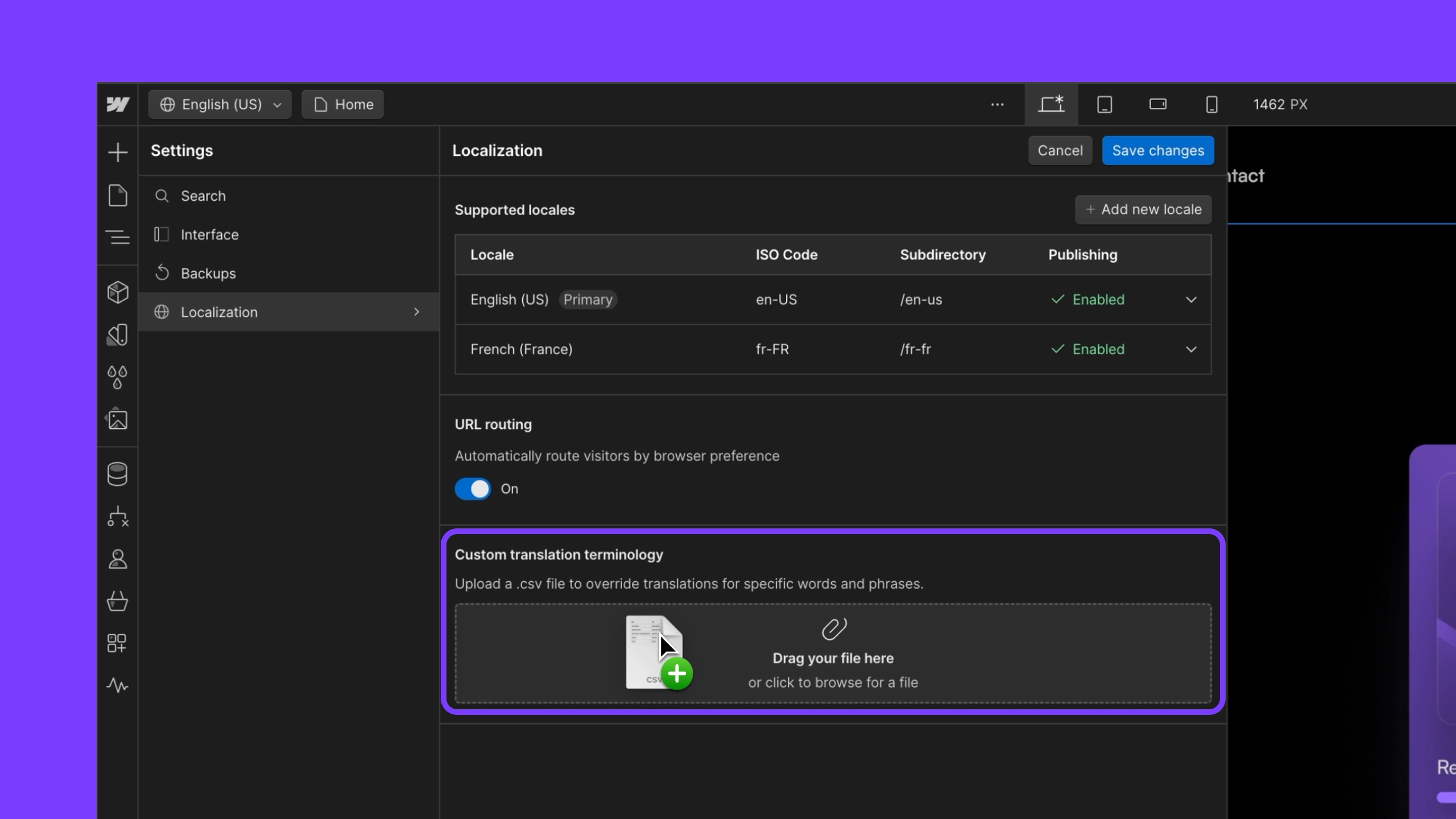 User is uploading a custom translation terminology CSV file in the localization panel of a localized site.