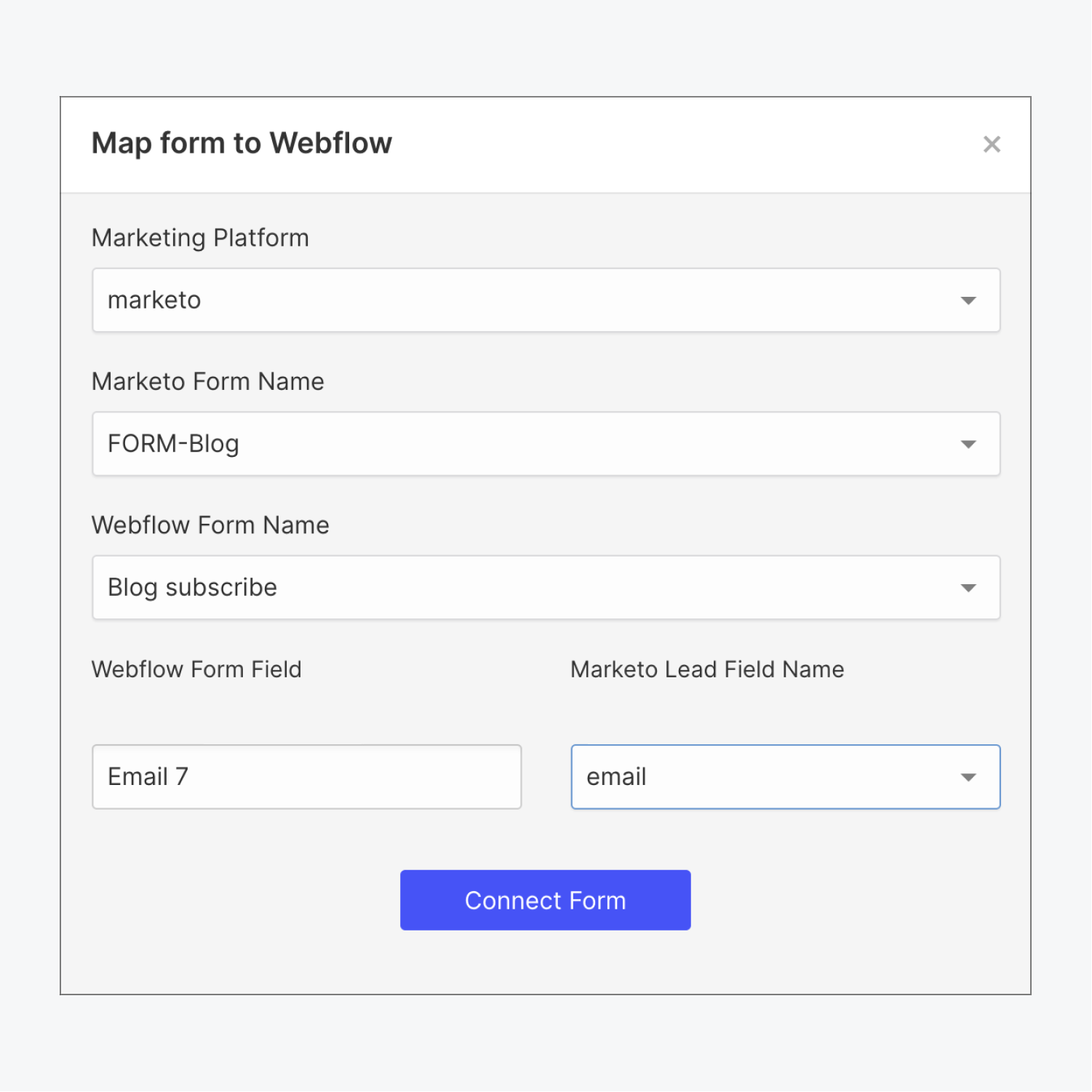 Map your Webflow forms directly to your Marketo fields.