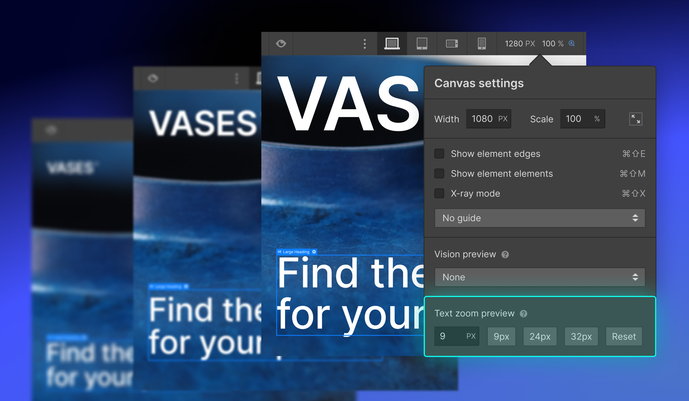 Preview various text size formats for your page design.