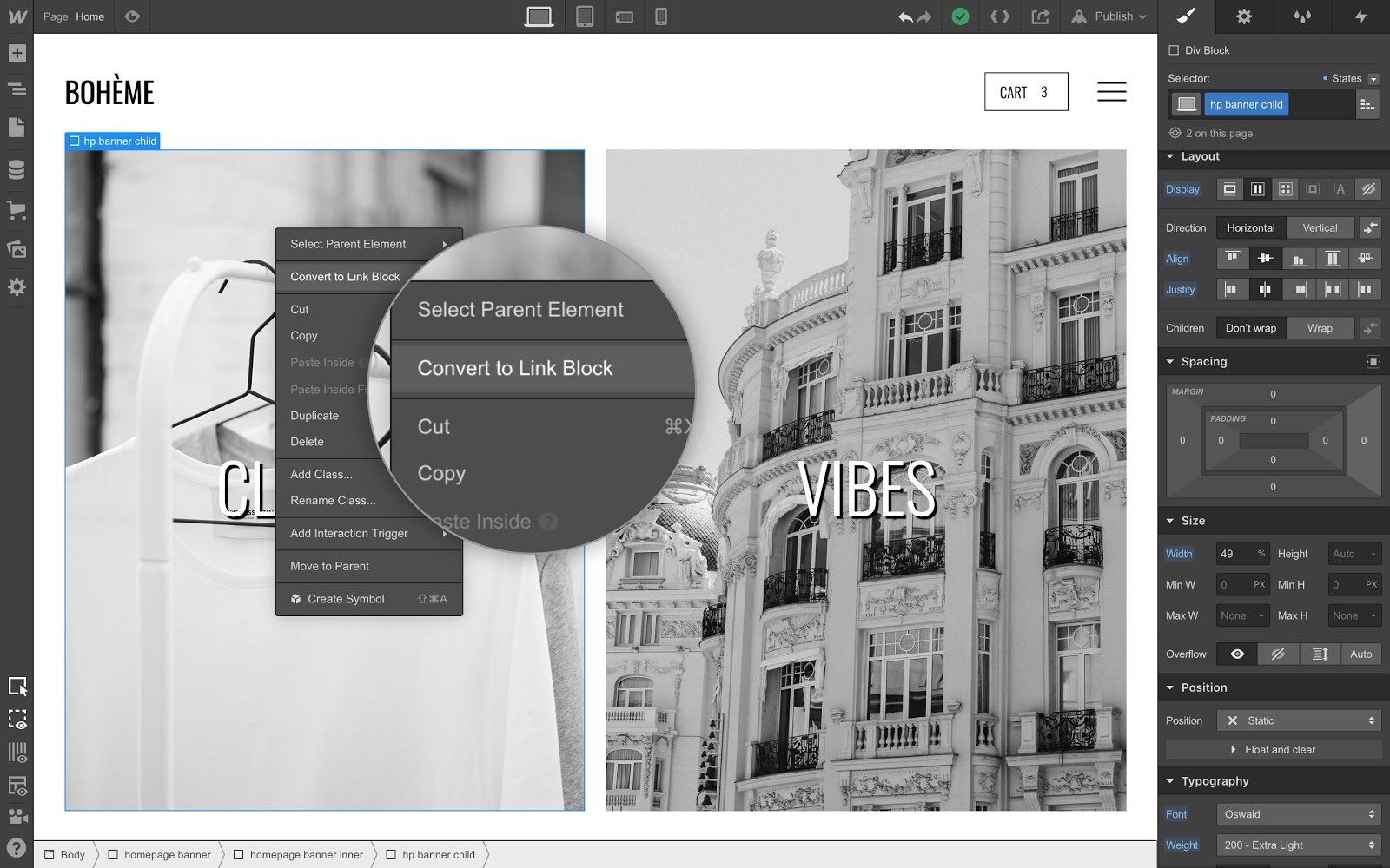 Right-click to convert div blocks to link blocks (and vice versa).